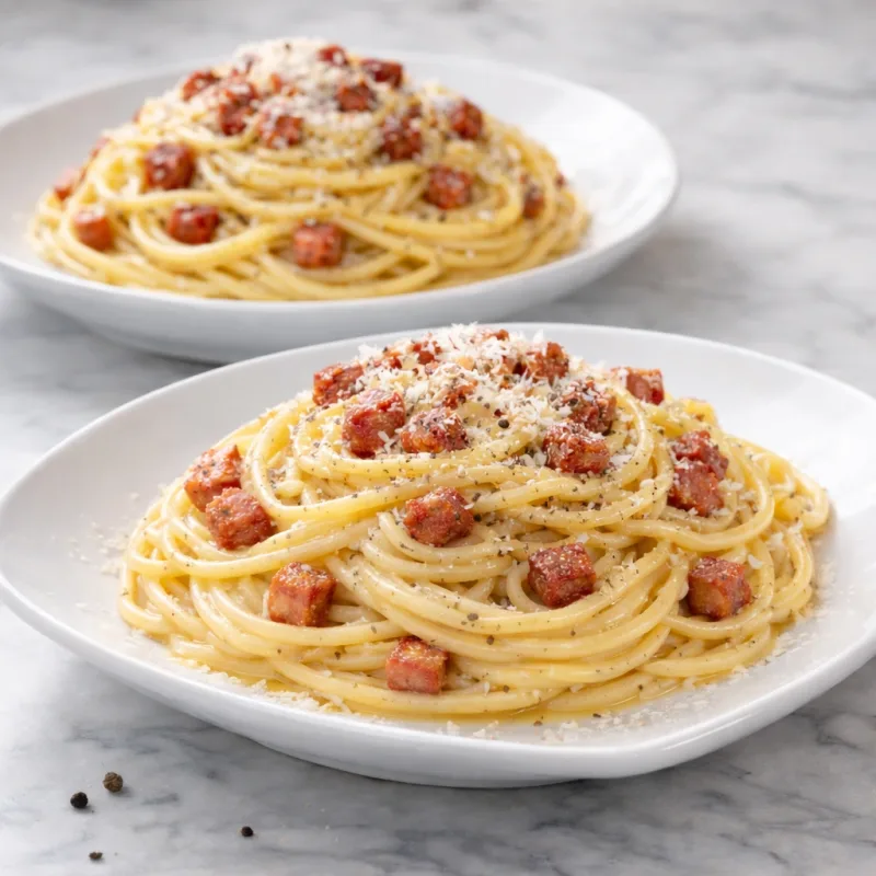 Spaghetti carbonara med kremet saus, servert varm på hvit tallerken