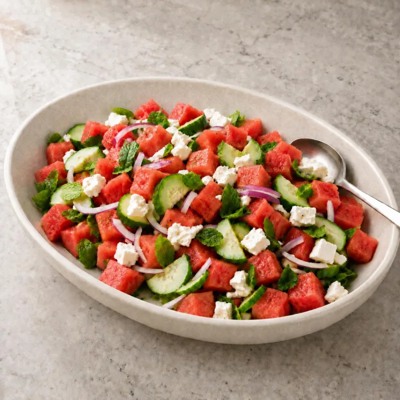 Salade pastèque feta, bords fermes et fond presque sec