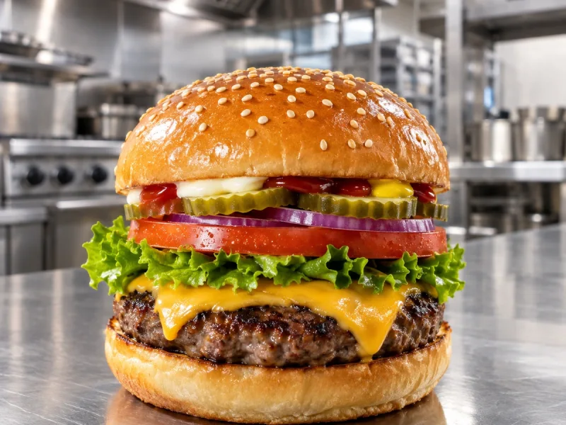 Burger classique de bœuf au cheddar avec laitue, tomate, oignon rouge et cornichons dans une cuisine professionnelle en inox