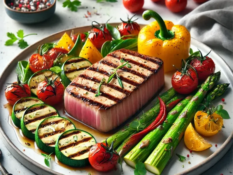 Steak de thon grillé aux légumes