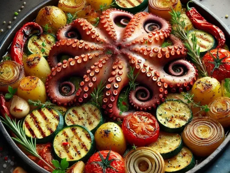 Poulpe au four et légumes