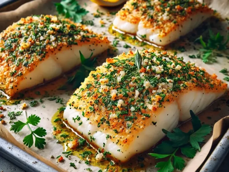 Filetes de bacalao al horno en costra de hierbas