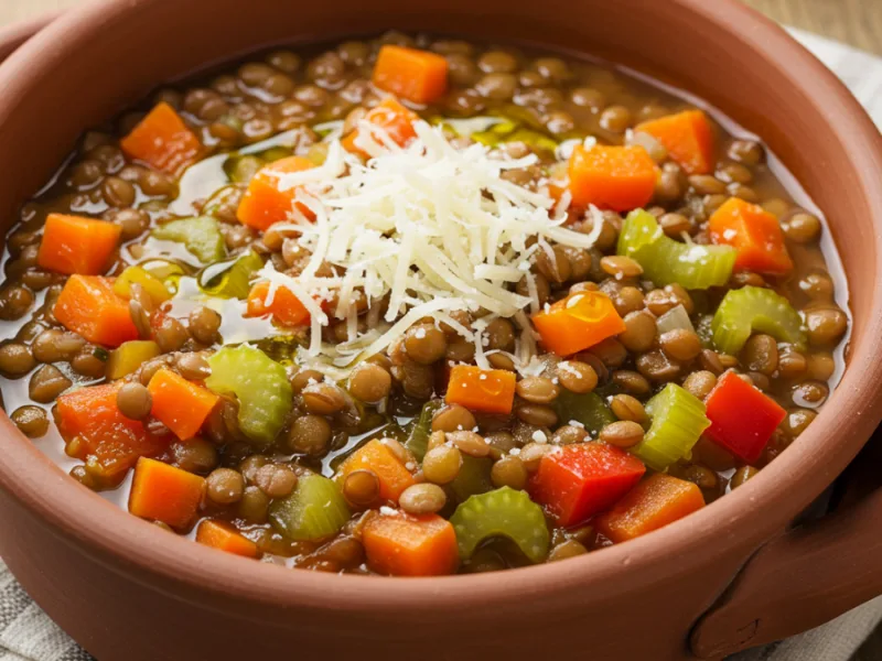 Eiweißreiche One-Pot-Linsen-Gemüsesuppe mit Parmesan