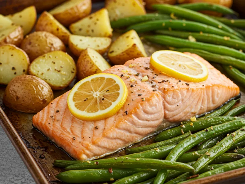 Salmón al horno con limón y ajo, patatas y judías verdes