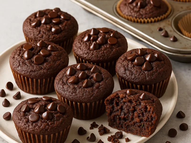 Tuplasuklaa‑zucchinimuffinit mantelijauhoilla