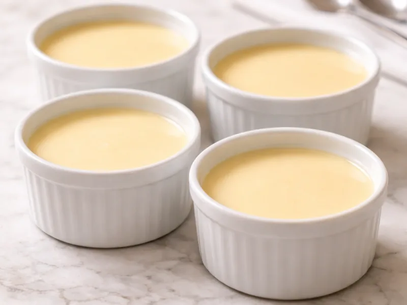 Kremet lemon posset med glatt overflate servert i hvite ramekiner, ferdig avkjølt