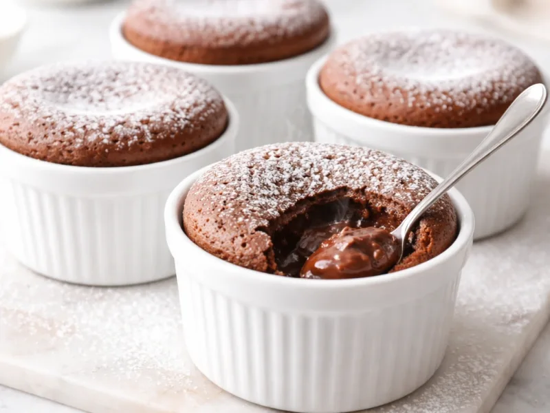 Nygräddad chokladsufflé i vita portionsformar med luftig höjd, sprucken yta och ångande mitt