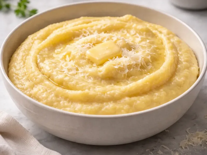Receta de polenta cremosa servida humeante en un bol, suave y sedosa