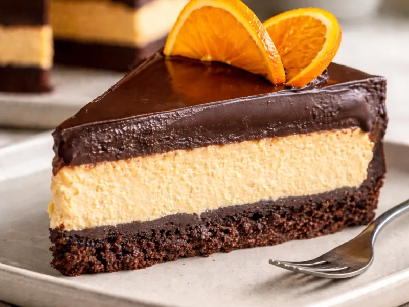 Cheesecake chocolat orange à texture crémeuse, servi froid sur une assiette