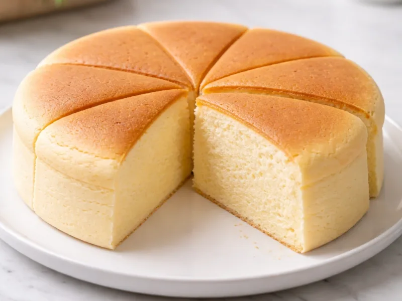 Cheesecake japonais à mie aérienne fraîchement cuit sur une assiette