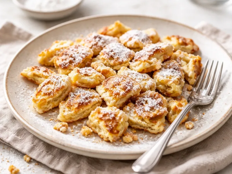 Kaiserschmarrn kultaisella pinnalla vastavalmistettuna lautasella