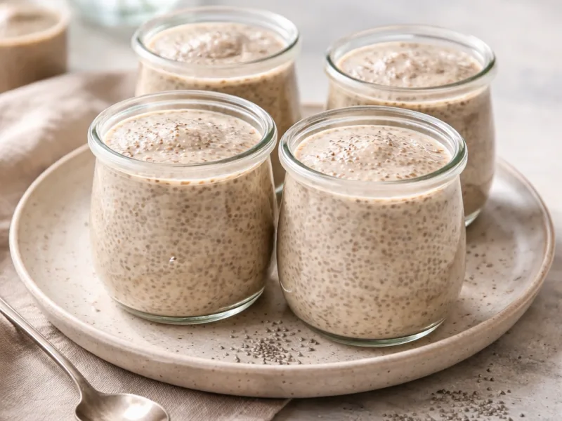 Pudding de chia sans sucre, texture crémeuse, servi froid sur assiette