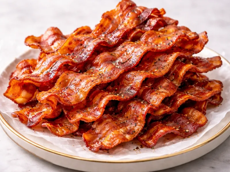 Crispy Air Fryer bacon, golden edges, served hot on a plate