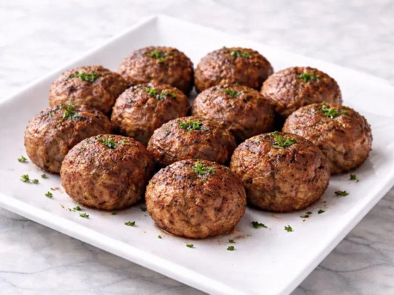 Air fryer beef meatballs with golden crust freshly cooked on plate