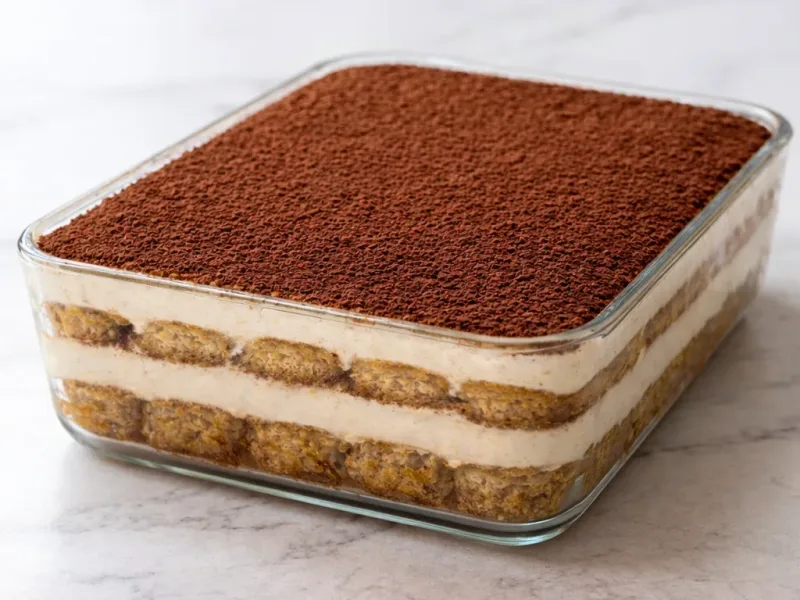 Klasyczne włoskie tiramisu, kremowa struktura, świeżo podane w naczyniu