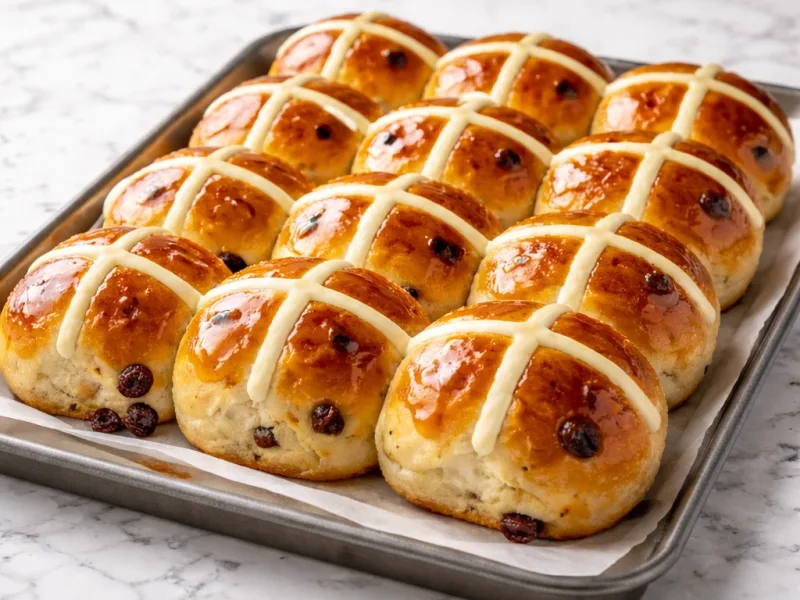 Panecillos de Pascua con corteza dorada recién horneados en bandeja