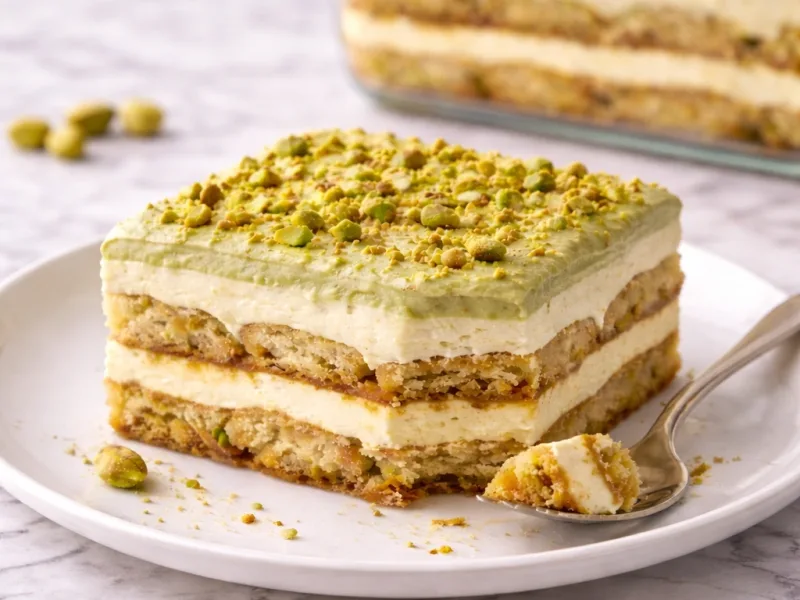 Pistachio tiramisu with creamy layers served on white plate