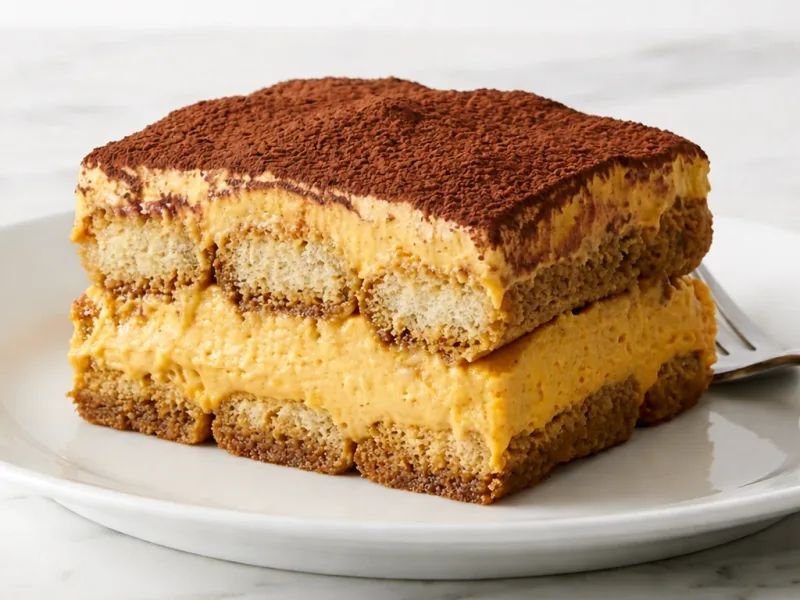 Dýňové tiramisu s krémovými vrstvami, podávané na talíři