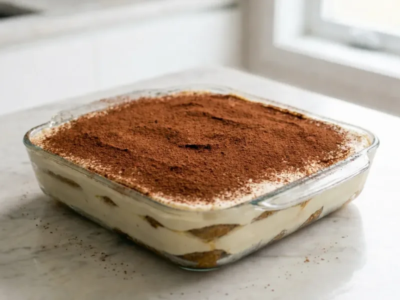 Nopea tiramisu kermaiset kerrokset juuri tarjoiltuna lasivuoassa