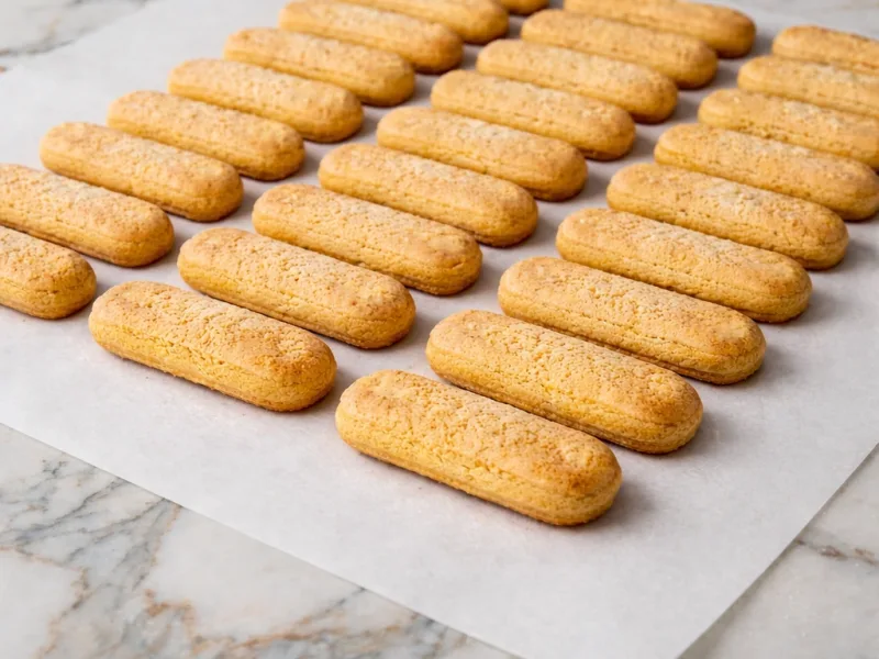 Savoiardi cookies with golden crust freshly baked on parchment
