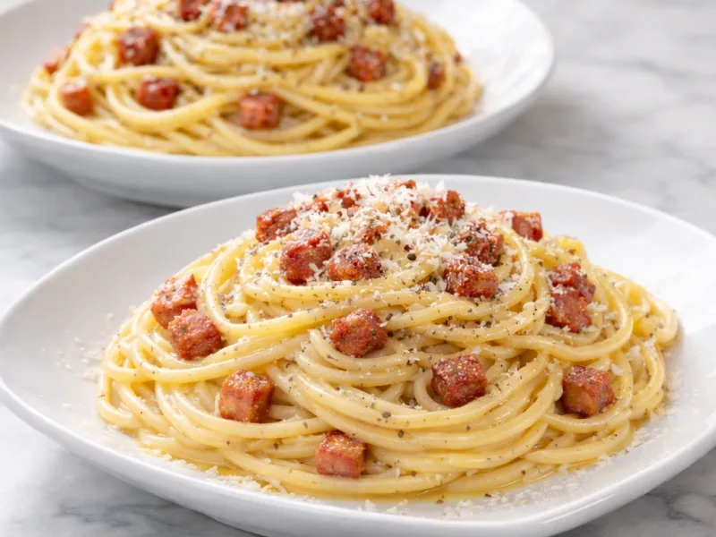 Spaghetti Carbonara cremige Sauce heiß serviert auf weißem Teller