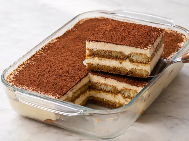 Tiramisu uten alkohol med kremete lag servert i glassform