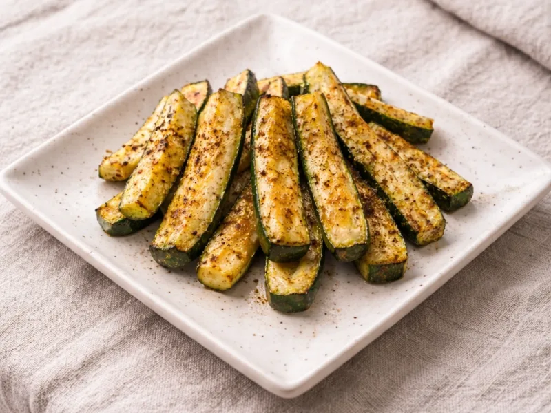 Zucchini i airfryer med gyllene kanter, serverad varm på tallrik