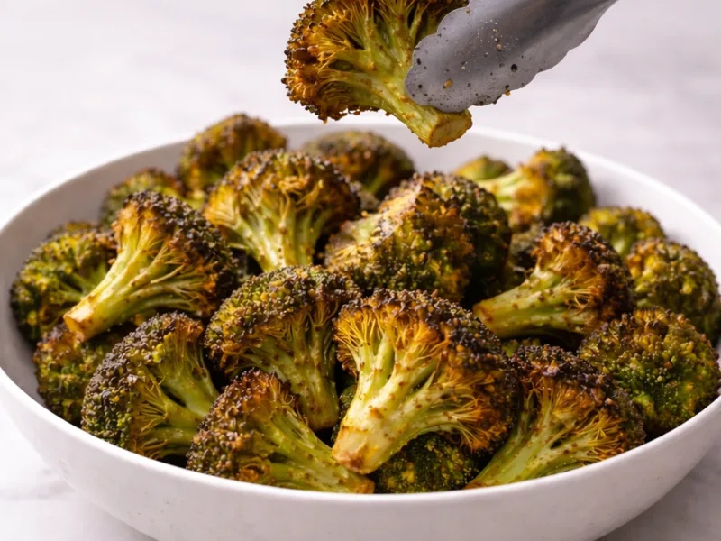 Brocoli Air Fryer croustillant avec bords dorés servi chaud en assiette