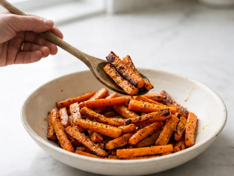 Carottes air fryer aux bords croustillants servies chaudes sur assiette