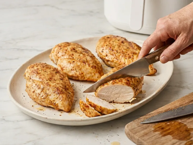 Air fryer chicken breast golden crust served hot on plate