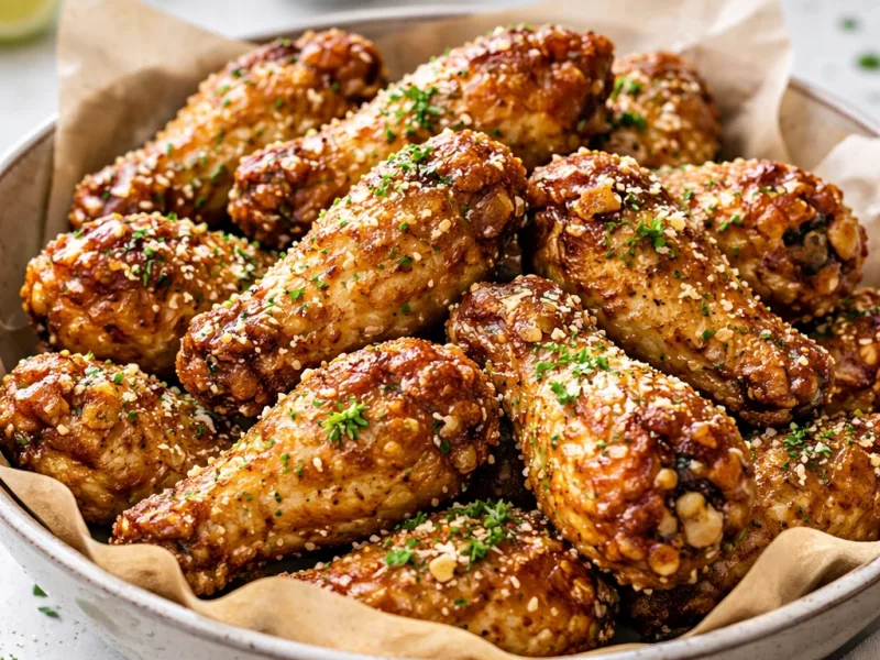 Knusprige Airfryer Hähnchenflügel mit goldener Kruste in Schüssel