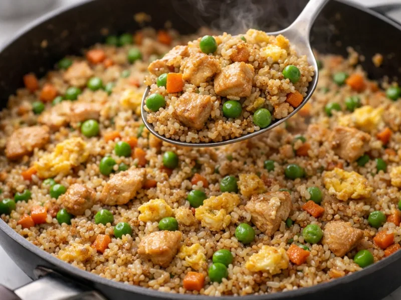 Arroz frito con pollo con granos dorados servido caliente en sartén