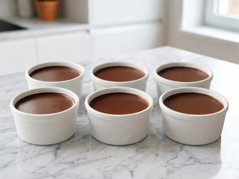 Panna cotta au chocolat à texture lisse servie froide en ramequin