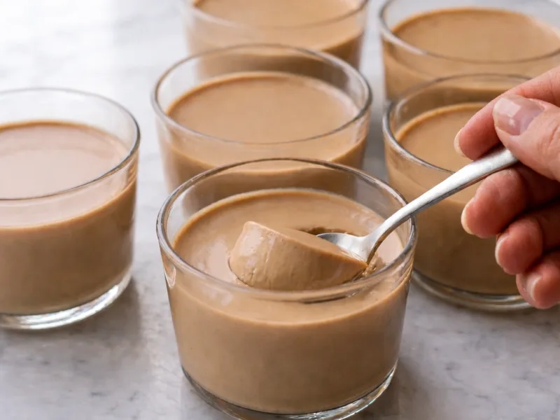 Kaffe panna cotta med silkemyk tekstur servert i glass på marmorbord