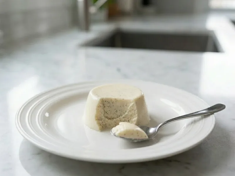 Panna cotta o miękkim środku, schłodzona na białym talerzu