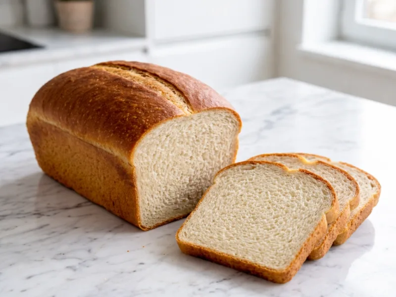 Hausgemachtes Brot mit goldener Kruste frisch gebacken auf Marmorplatte
