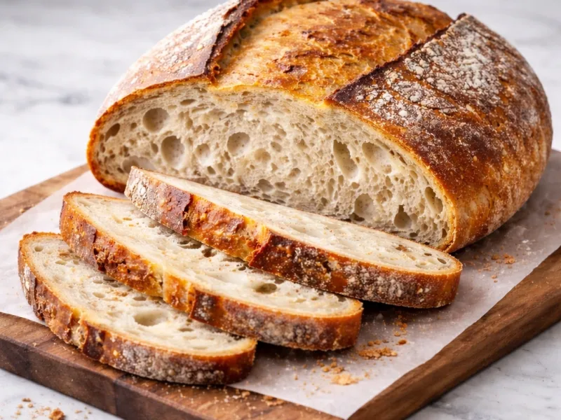 Pain au levain avec croûte dorée fraîchement cuit sur planche