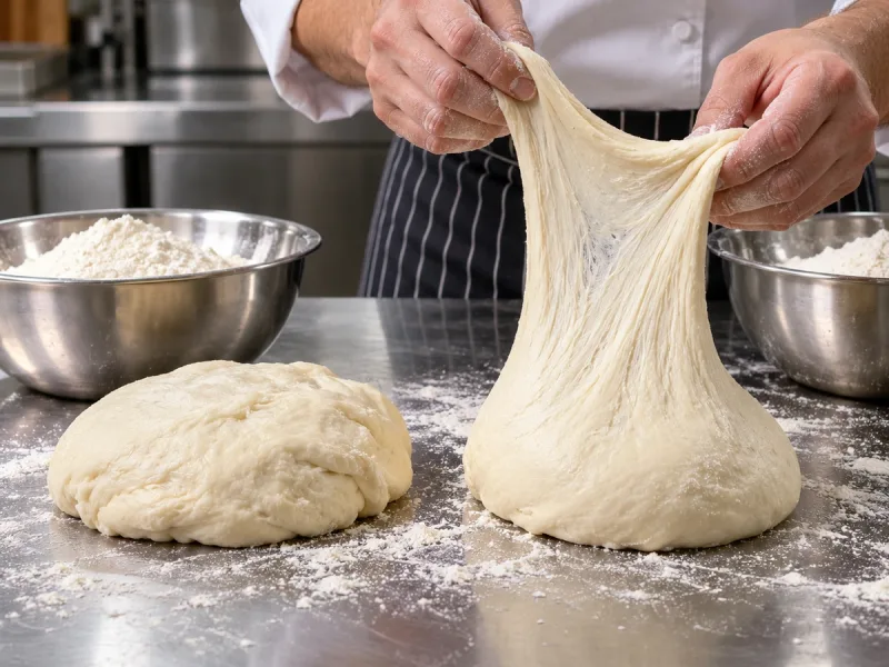 Baker comparing the strength of two wheat doughs beside bowls of flour on a stainless-steel workbench