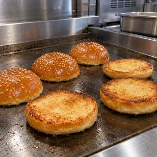 Zlato popečene polovice bombetk za burger na profesionalni žar plošči