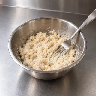 Pane ammorbidito nel latte e schiacciato con una forchetta in una ciotola di acciaio inox.