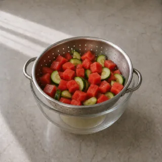Pastèque et concombre égouttés, bords nets et jus clair visible