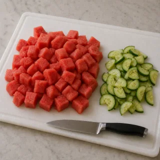 Pastèque coupée nette, concombre ferme sans jus abondant