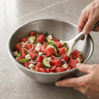 Mélange doux, feta intacte et pastèque ferme sans flaque